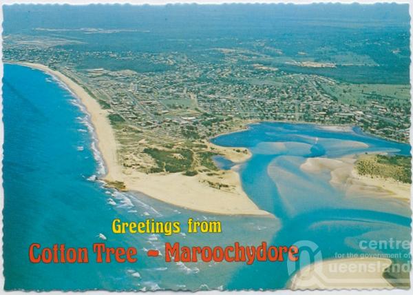 <span class="caption-caption">Aerial view showing the mouth of the Maroochy River featuring Cotton Tree and the surfing beach, Maroochydore</span>, c1970-2000. <br />Postcard, collection of <span class="caption-contributor">Murray Views Collection</span>.