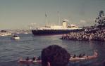 <span class="caption-caption">Brittania sails up the Brisbane River on a royal visit, Brisbane</span>, 1970. <br />Slide, collection of <span class="caption-contributor">Robin Barron</span>.