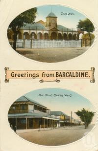<span class="caption-caption">Town Hall and Oak Street, Barcaldine</span>, c1914. <br />Postcard by <span class="caption-publisher">R.Park</span>, collection of <span class="caption-contributor">Centre for the Government of Queensland</span>.