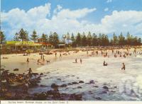 <span class="caption-caption">Surfing Beach, Burleigh Heads</span>, c1968. <br />Postcard folder by <span class="caption-publisher">Murray Views Pty Ltd</span>, collection of <span class="caption-contributor">Centre for the Government of Queensland</span>.