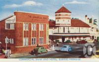 <span class="caption-caption">Commercial Bank and Hotel, Surfers Paradise</span>, c1959. <br />Postcard folder by <span class="caption-publisher">Murray Views Pty Ltd</span>, collection of <span class="caption-contributor">Centre for the Government of Queensland</span>.