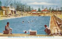 <span class="caption-caption">Rock Swimming Pool and Esplanade, Burleigh Heads</span>, c1959. <br />Postcard folder by <span class="caption-publisher">Murray Views Pty Ltd</span>, collection of <span class="caption-contributor">Centre for the Government of Queensland</span>.