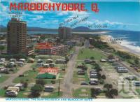 <span class="caption-caption">Maroochydore, the surfing beach and Maroochy River</span>, 1985. <br />Postcard folder by <span class="caption-publisher">Wren Souvenirs</span>, collection of <span class="caption-contributor">Centre for the Government of Queensland</span>.