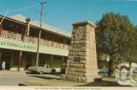 <span class="caption-caption">Sir Thomas Mitchell memorial, Shamrock Street Blackall</span>, c1964. <br />Postcard folder by <span class="caption-publisher">Sydney G Hughes Pty Ltd</span>, collection of <span class="caption-contributor">Centre for the Government of Queensland</span>.