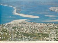 <span class="caption-caption">Northern tip of Bribie Island and Pumicestone Channel</span>, 1975. <br />Postcard folder by <span class="caption-publisher">Bernard Kuskopf</span>, collection of <span class="caption-contributor">Centre for the Government of Queensland</span>.