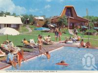 <span class="caption-caption">The Fale Fono and swimming pool, Orchid Beach, Fraser Island</span>, c1970. <br />Postcard folder by <span class="caption-publisher">Murray Views Pty Ltd</span>, collection of <span class="caption-contributor">Centre for the Government of Queensland</span>.