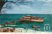 <span class="caption-caption">MV Mirana arriving at Amity Point, Stradbroke Island</span>, c1955. <br />Postcard folder by <span class="caption-publisher">Sydney G Hughes Pty Ltd</span>, collection of <span class="caption-contributor">John Young</span>.