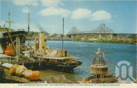 <span class="caption-caption">The gardens reach of Brisbane River, Story Bridge in background, Brisbane</span>, c1938. <br />Postcard folder by <span class="caption-publisher">Sydney G Hughes Pty Ltd</span>, collection of <span class="caption-contributor">Centre for the Government of Queensland</span>.