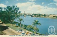 <span class="caption-caption">The William Jolly Bridge with the city of Brisbane Skyline in background</span>, c1938. <br />Postcard folder by <span class="caption-publisher">Sydney G Hughes Pty Ltd</span>, collection of <span class="caption-contributor">Centre for the Government of Queensland</span>.