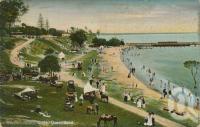 <span class="caption-caption">The beach, Sandgate</span>, c1910. <br />Postcard by <span class="caption-publisher">Coloured Shell Series</span>, collection of <span class="caption-contributor">Centre for the Government of Queensland</span>.