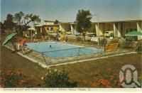 <span class="caption-caption">Swimming pool and motel units, Bailey's Motel, Noosa Heads</span>, c1962. <br />Postcard folder by <span class="caption-publisher">Murray Views Pty Ltd</span>, collection of <span class="caption-contributor">Centre for the Government of Queensland</span>.