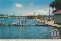 <span class="caption-caption">Donella bridge and swimming enclosure, Noosa River, Tewantin</span>, c1959. <br />Postcard folder by <span class="caption-publisher">Murray Views Pty Ltd</span>, collection of <span class="caption-contributor">Centre for the Government of Queensland</span>.