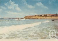 <span class="caption-caption">Surfing at Alexandra Headlands</span>, c1958. <br />Postcard folder by <span class="caption-publisher">Sydney G Hughes Pty Ltd</span>, collection of <span class="caption-contributor">Centre for the Government of Queensland</span>.