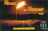 <span class="caption-caption">Natural gas flare, Roma</span>, c1962. <br />Postcard folder by <span class="caption-publisher">Murray Views Pty Ltd</span>, collection of <span class="caption-contributor">Centre for the Government of Queensland</span>.