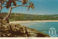 <span class="caption-caption">Cyclinder Beach, North Stradbroke Island</span>, c1960. <br />Postcard folder by <span class="caption-publisher">Sydney G Hughes Pty Ltd</span>, collection of <span class="caption-contributor">Centre for the Government of Queensland</span>.