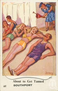 <span class="caption-caption">About to get tanned, Southport</span>, 1939. <br />Novelty postcard by <span class="caption-publisher">Valentine's Series</span>, collection of <span class="caption-contributor">Centre for the Government of Queensland</span>.