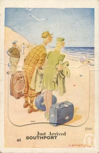 <span class="caption-caption">Just arrived at Southport</span>, 1940. <br />Novelty postcard by <span class="caption-publisher">Valentine's Series</span>, collection of <span class="caption-contributor">Centre for the Government of Queensland</span>.