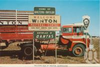 <span class="caption-caption">Welcome sign at Winton</span>, c1960. <br />Postcard folder by <span class="caption-publisher">Murray Views Pty Ltd</span>, collection of <span class="caption-contributor">Centre for the Government of Queensland MS</span>.