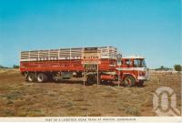 <span class="caption-caption">Part of livestock road train at Winton</span>, c1960. <br />Postcard folder by <span class="caption-publisher">Murray Views Pty Ltd</span>, collection of <span class="caption-contributor">Centre for the Government of Queensland MS</span>.