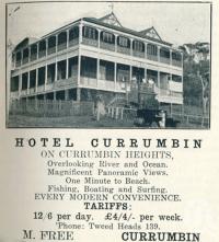 <span class="caption-caption">Hotel Currumbin</span>. <br />From <span class="caption-book">Queensland Journey</span>, <span class="caption-creator">C.B. Christensen</span>, <span class="caption-publisher">Queensland Government Tourist Bureau</span>, Brisbane, 1938, collection of <span class="caption-contributor">Centre for the Government of Queensland</span>.