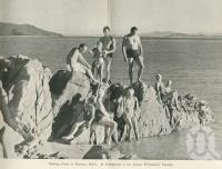 <span class="caption-caption">Bathing party on Hayman Beach</span>. <br />From <span class="caption-book">Holidays on the Barrier Reef</span>, <span class="caption-creator">Barrier Reef Islands Pty Ltd</span>, c1952, collection of <span class="caption-contributor">Centre for the Government of Queensland</span>.