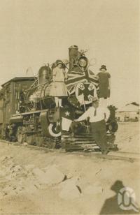 <span class="caption-caption">Hughenden commemoration steam engine with ambulance banner</span>, c1930. <br />Photograph, collection of <span class="caption-contributor">Megan Young</span>.