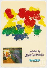 <span class="caption-caption">Leia one of Sea World's Bottlenosed Dolphins produces another masterpiece</span>, c1970-2000. <br />Postcard, collection of <span class="caption-contributor">Murray Views Collection</span>.