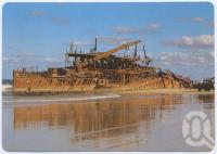 <span class="caption-caption">Wreck of the "Maheno" which ran aground during a cyclone in 1935, 10 kilometres north of Happy Valley Resort, Fraser Island</span>, c1970-2000. <br />Postcard, collection of <span class="caption-contributor">Murray Views Collection</span>.