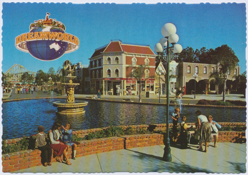 Looking across Dreamworld s Fountain down Main Street as